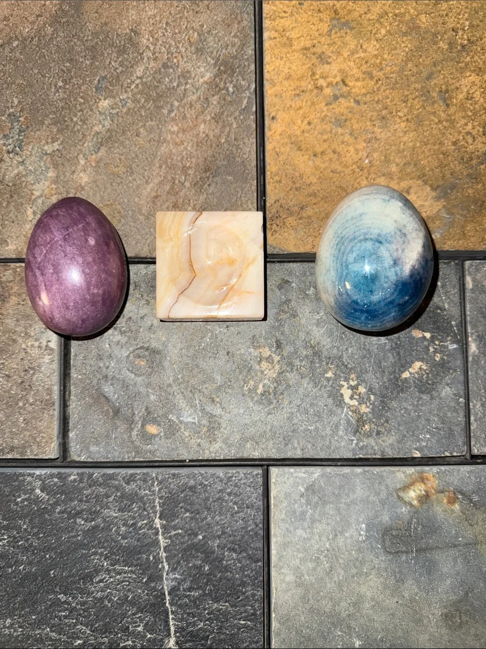 Vintage Polished Stone Egg Set Purple and Banded Blue with Display Stand